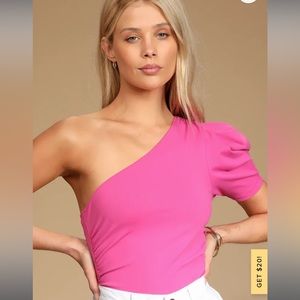 Free People Somethin Bout You Bright Pink Puff Sleeve One-Shoulder Bodysuit